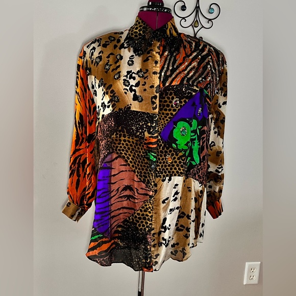 Judith Ann vintage NWT animal print button down hi lo semi sheer Silk blouse, M - Picture 14 of 16